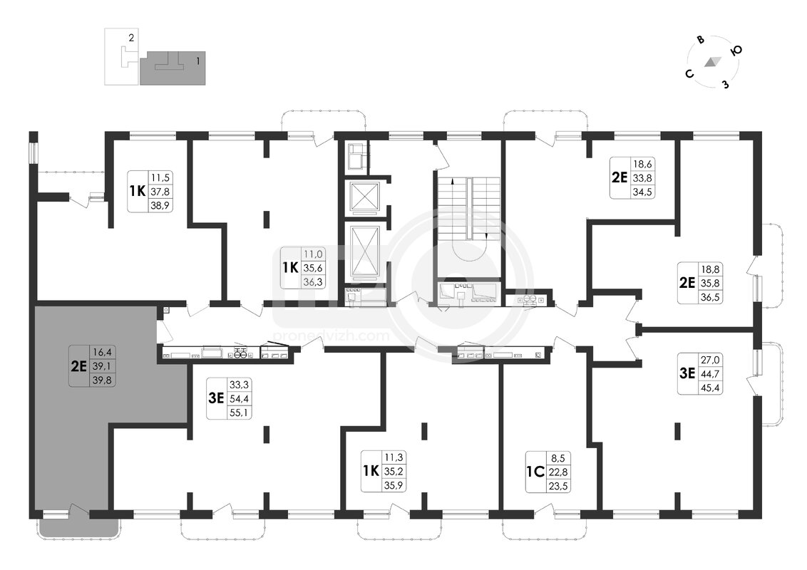 1-комнатная квартира, 38.9кв.м