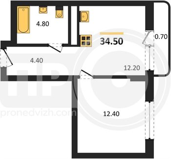 Миниатюра 1-комнатная квартира, 34.5кв.м
