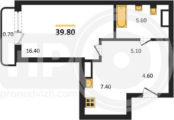 Миниатюра 1-комнатная квартира, 39.8кв.м