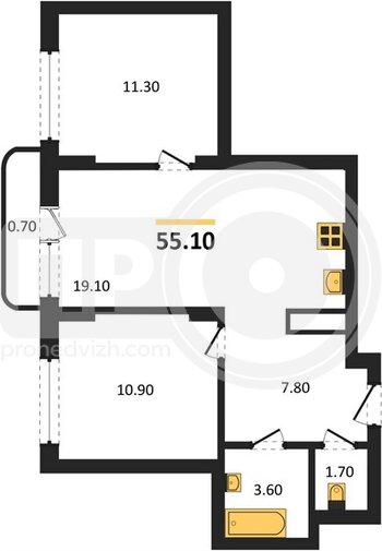 Миниатюра 2-комнатная квартира, 55.1кв.м