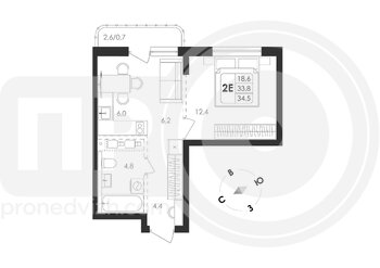 Миниатюра 2-комнатная квартира, 34.5кв.м