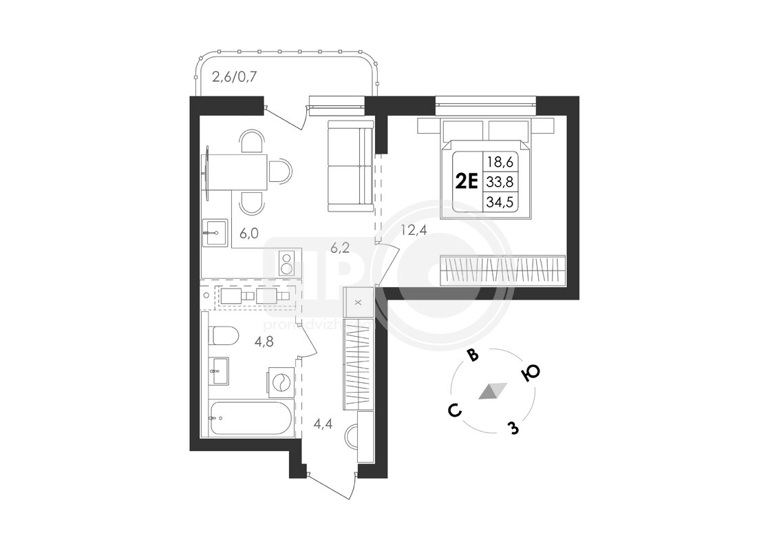 2-комнатная квартира, 34.5кв.м