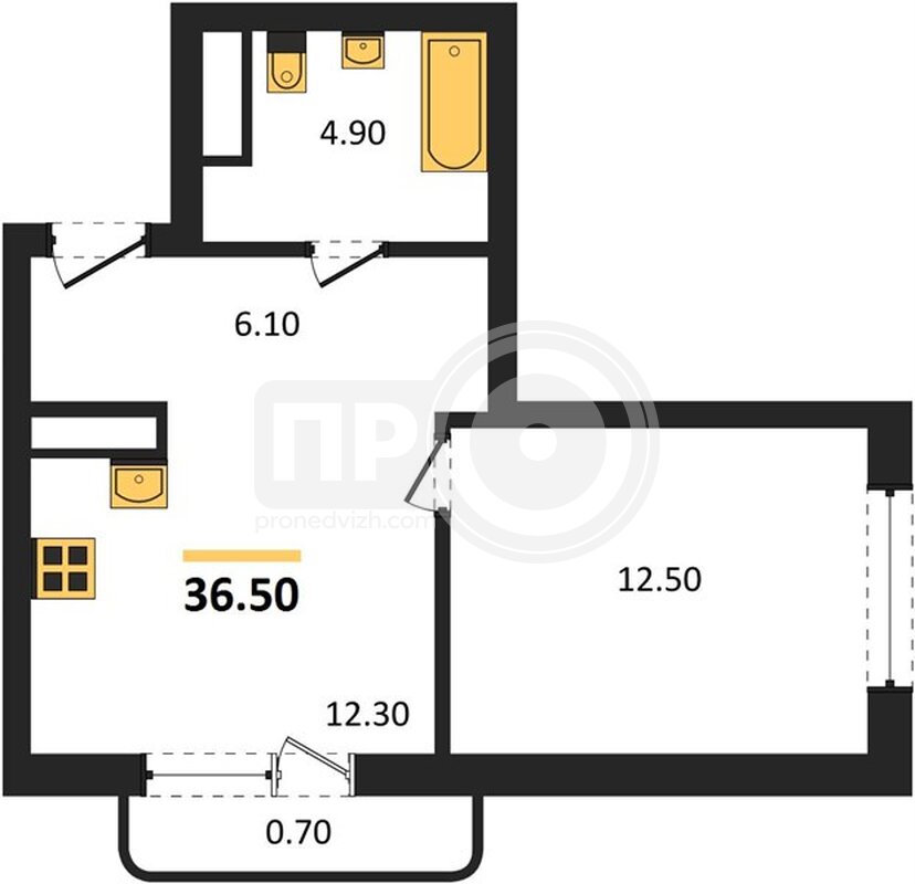 1-комнатная квартира, 36.5кв.м