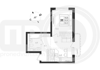 Миниатюра 2-комнатная квартира, 38.2кв.м