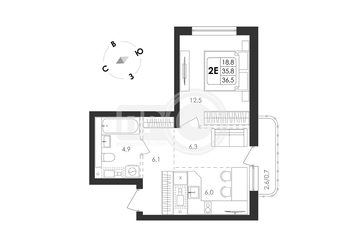 2-комнатная квартира, 38.2кв.м