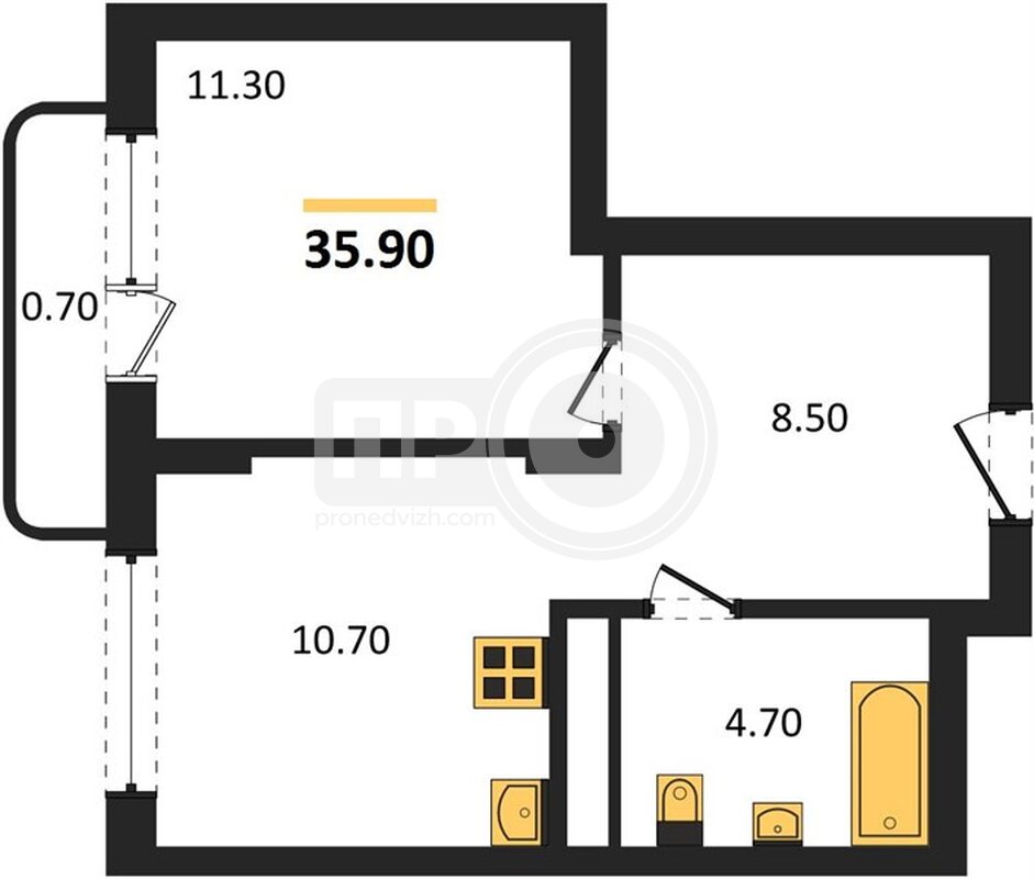1-комнатная квартира, 35.9кв.м