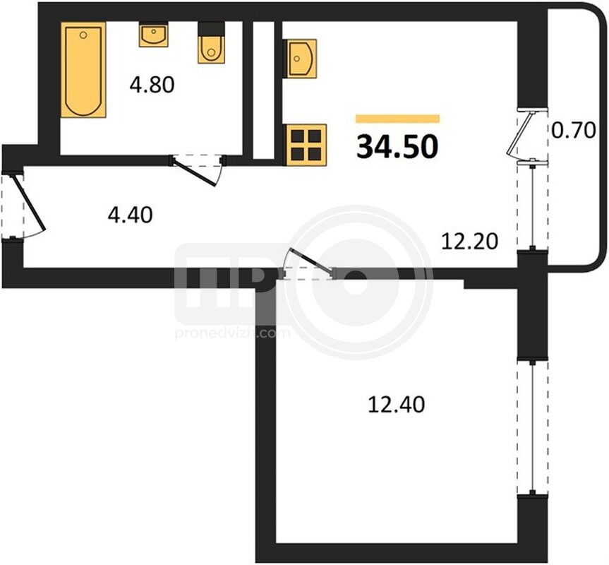 1-комнатная квартира, 34.5кв.м