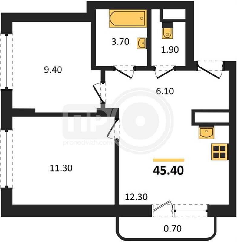 2-комнатная квартира, 45.4кв.м