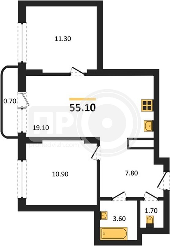 2-комнатная квартира, 55.1кв.м
