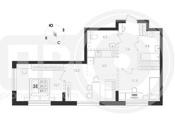 Миниатюра 3-комнатная квартира, 59.7кв.м