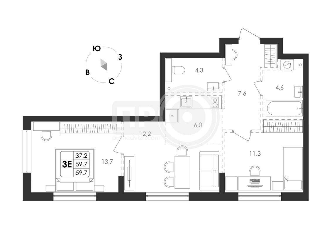 3-комнатная квартира, 59.7кв.м