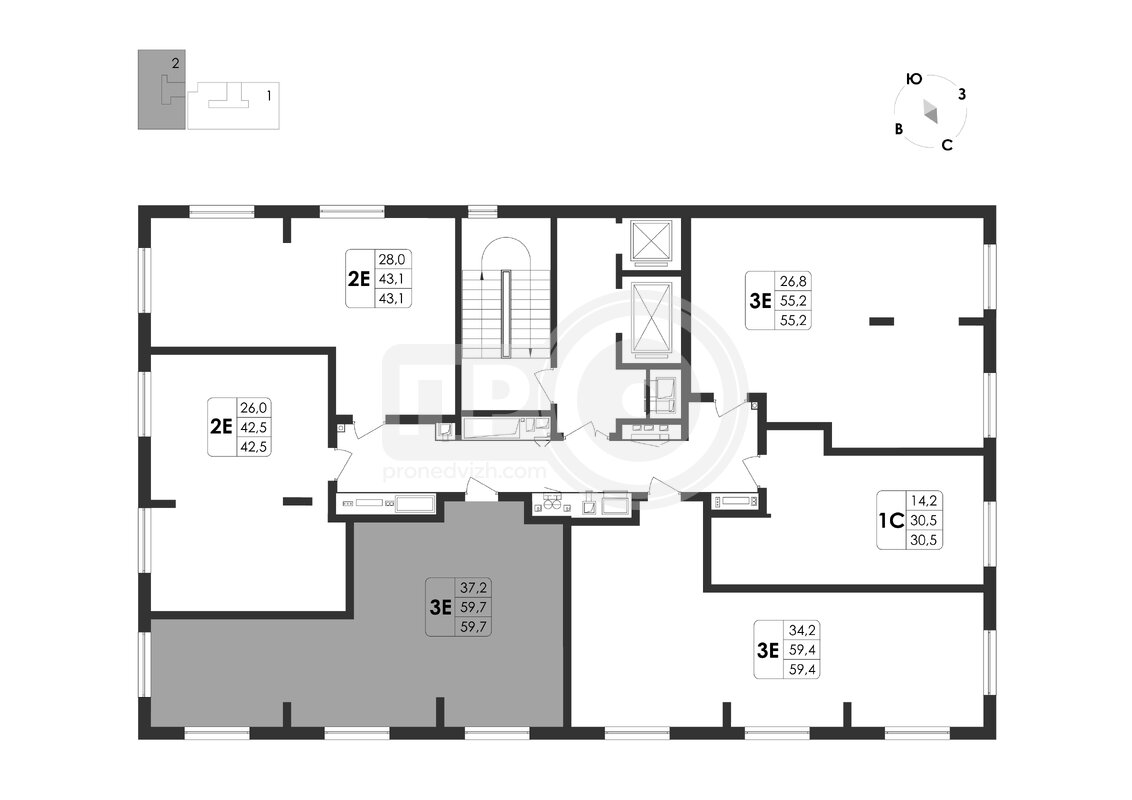 3-комнатная квартира, 59.7кв.м
