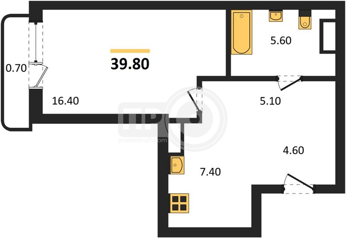 1-комнатная квартира, 39.8кв.м