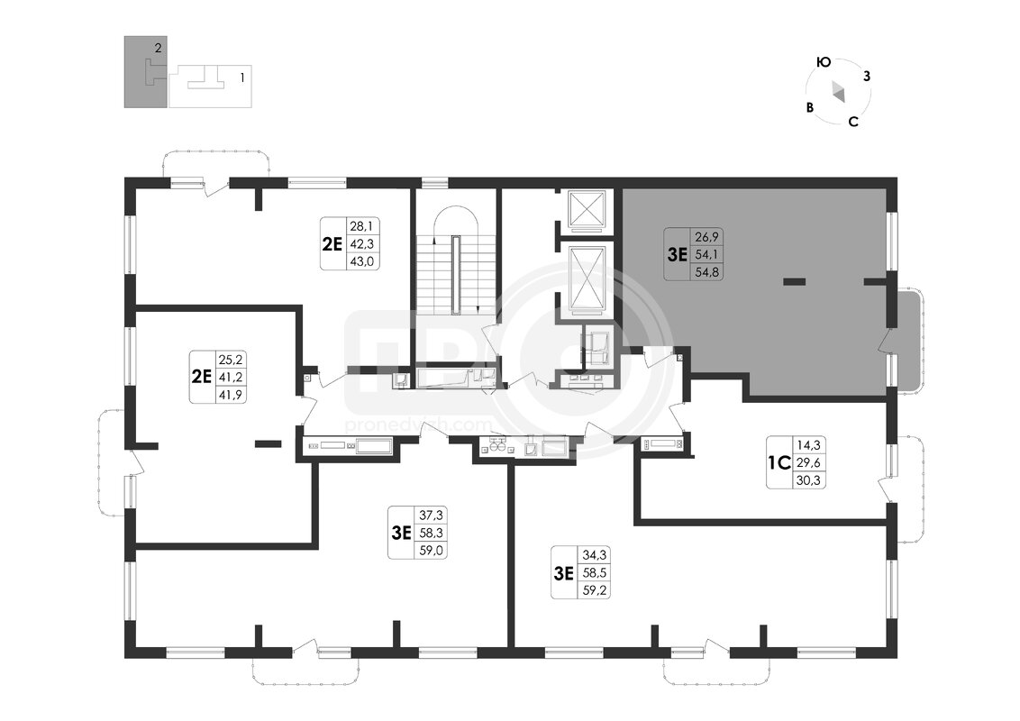 3-комнатная квартира, 54.8кв.м