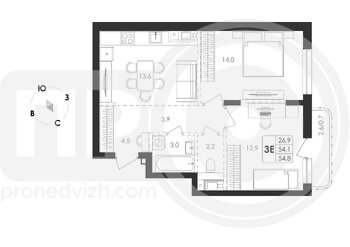 Миниатюра 3-комнатная квартира, 54.8кв.м