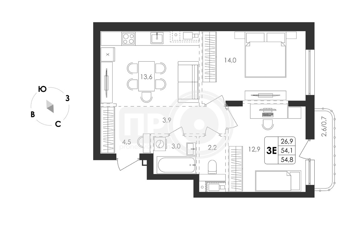 3-комнатная квартира, 54.8кв.м