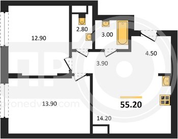 Миниатюра 2-комнатная квартира, 55.2кв.м