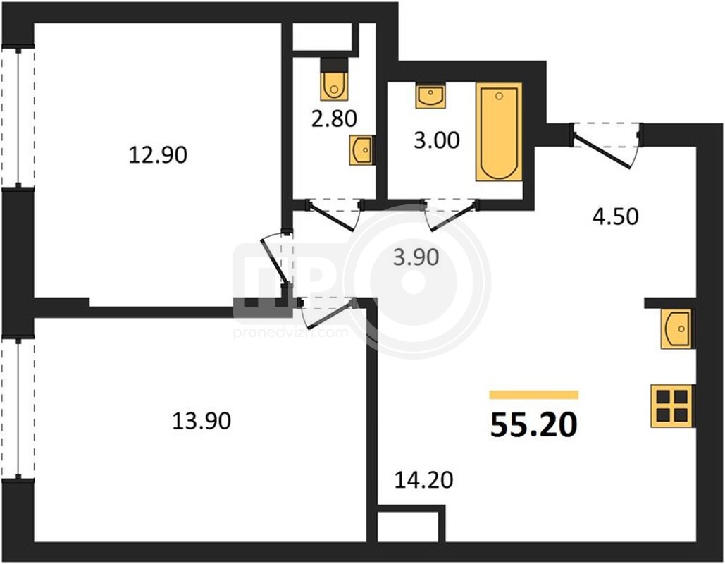 2-комнатная квартира, 55.2кв.м
