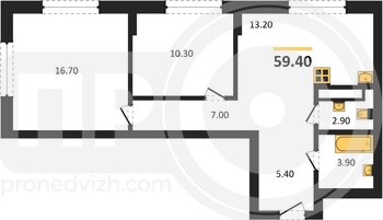 Миниатюра 2-комнатная квартира, 59.4кв.м