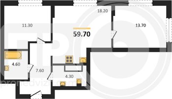 Миниатюра 2-комнатная квартира, 59.7кв.м