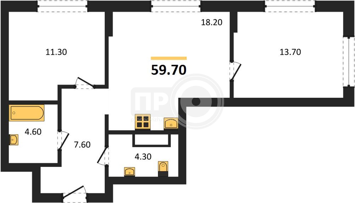 2-комнатная квартира, 59.7кв.м