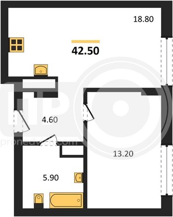 Миниатюра 1-комнатная квартира, 42.5кв.м