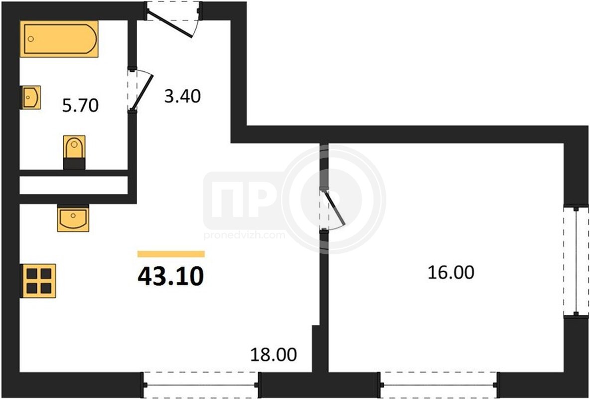 1-комнатная квартира, 43.1кв.м