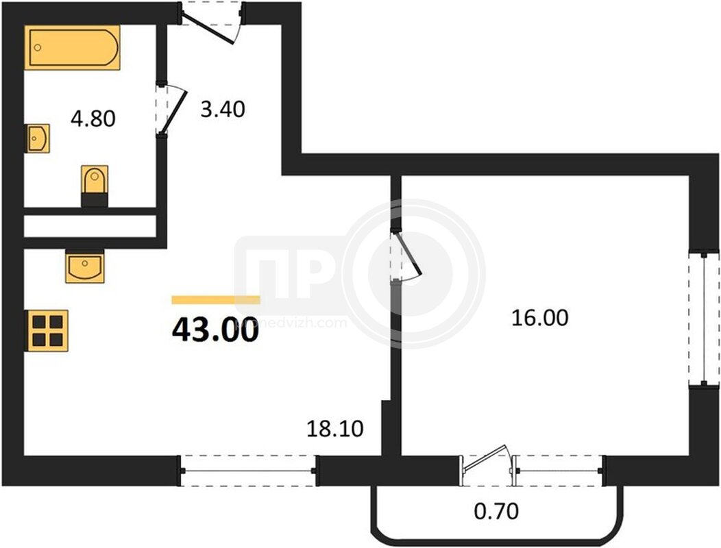 1-комнатная квартира, 43кв.м