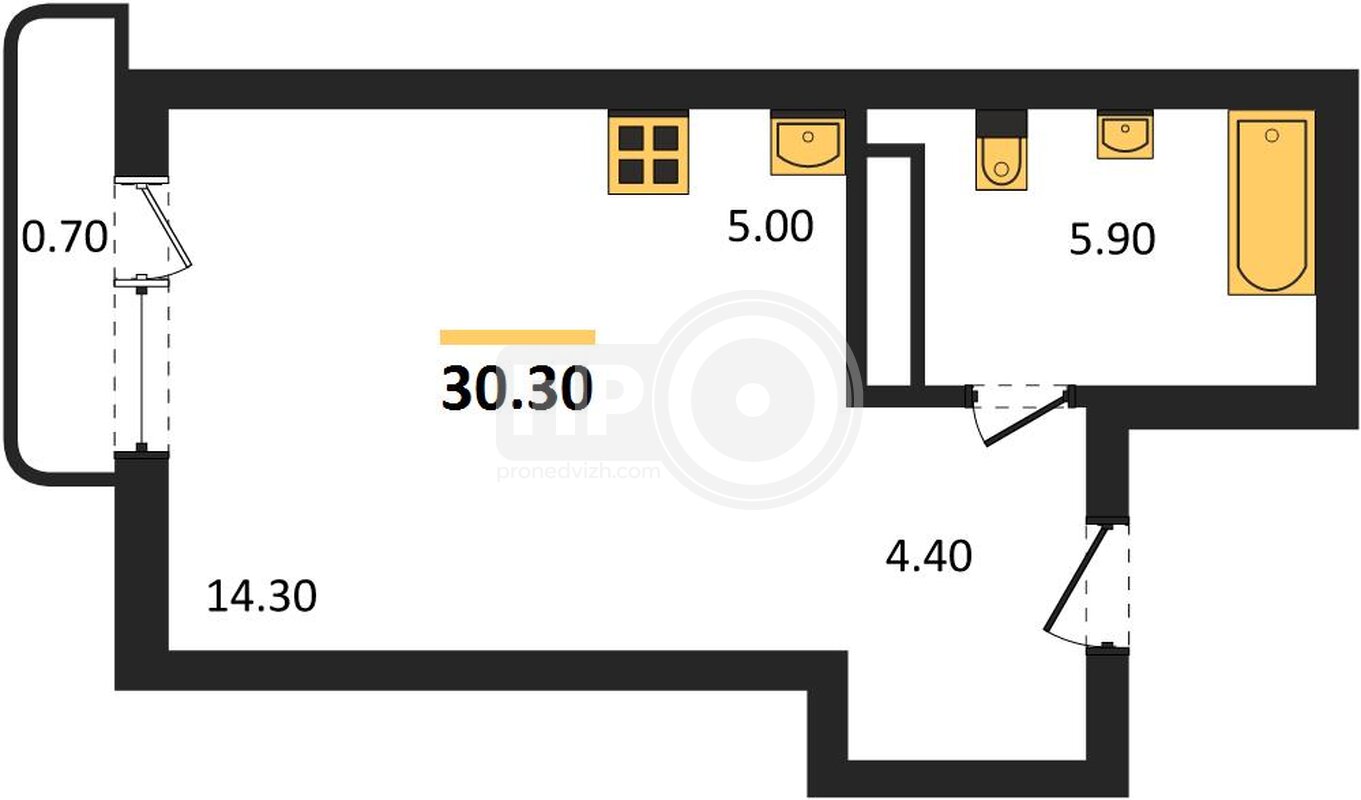 1-комнатная квартира, 30.3кв.м