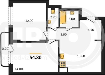 Миниатюра 2-комнатная квартира, 54.8кв.м