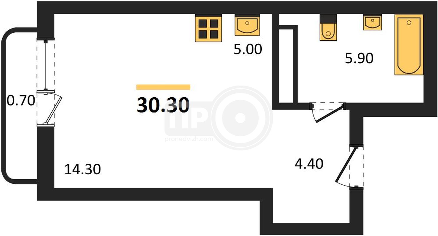 1-комнатная квартира, 30.3кв.м