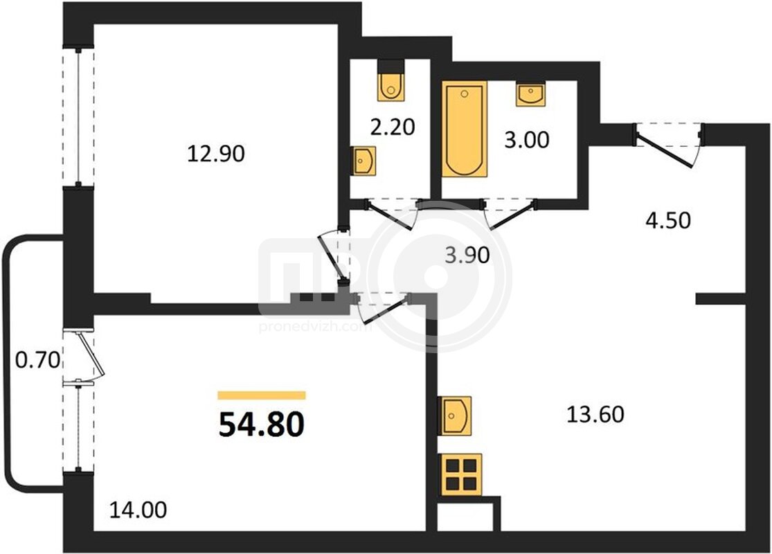 2-комнатная квартира, 54.8кв.м