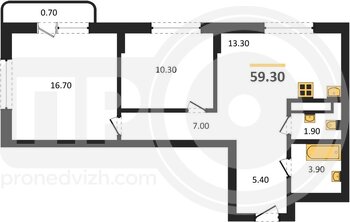 Миниатюра 2-комнатная квартира, 59.3кв.м