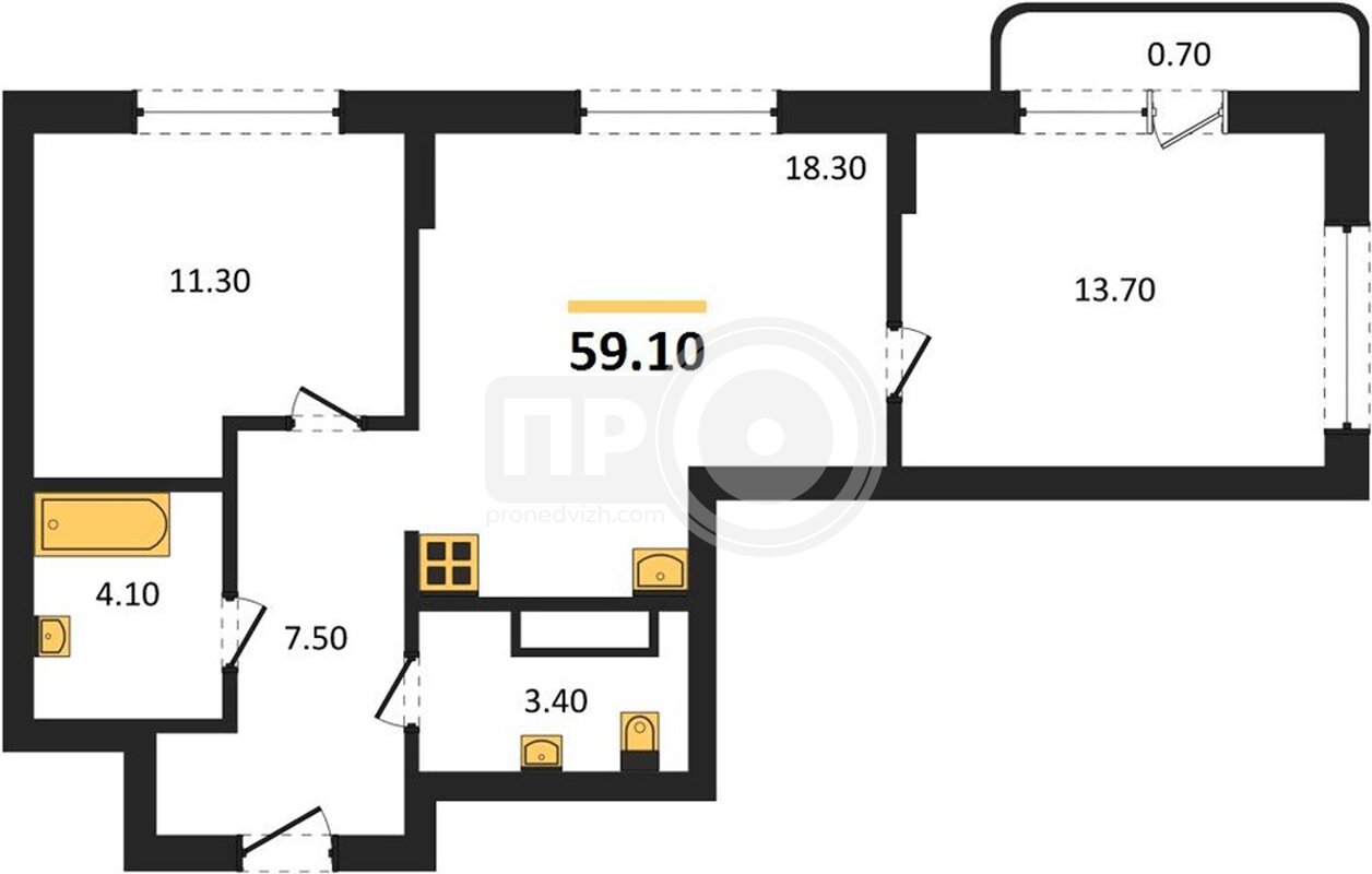 2-комнатная квартира, 59.1кв.м