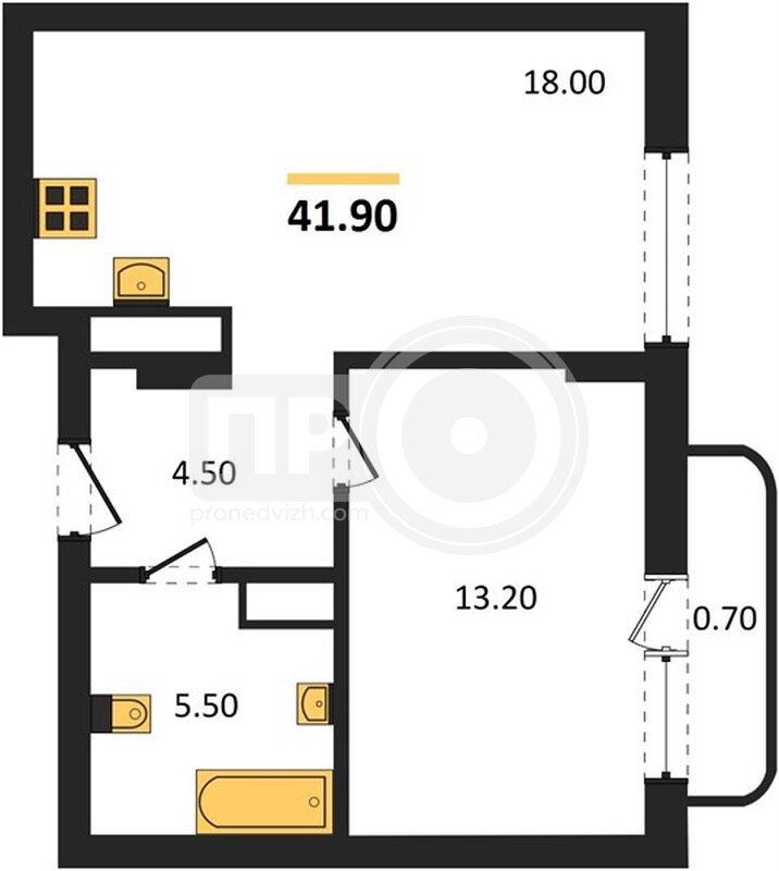 1-комнатная квартира, 41.9кв.м