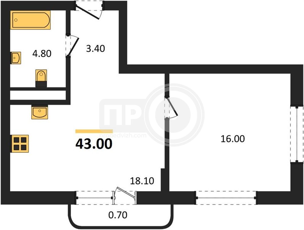 1-комнатная квартира, 43кв.м