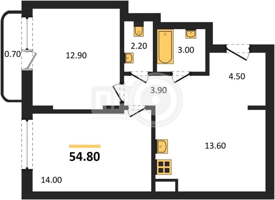 2-комнатная квартира, 54.8кв.м