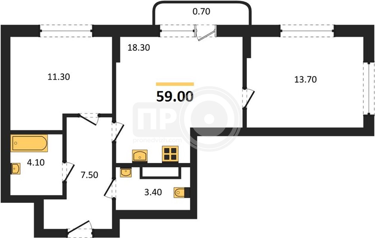 2-комнатная квартира, 59кв.м