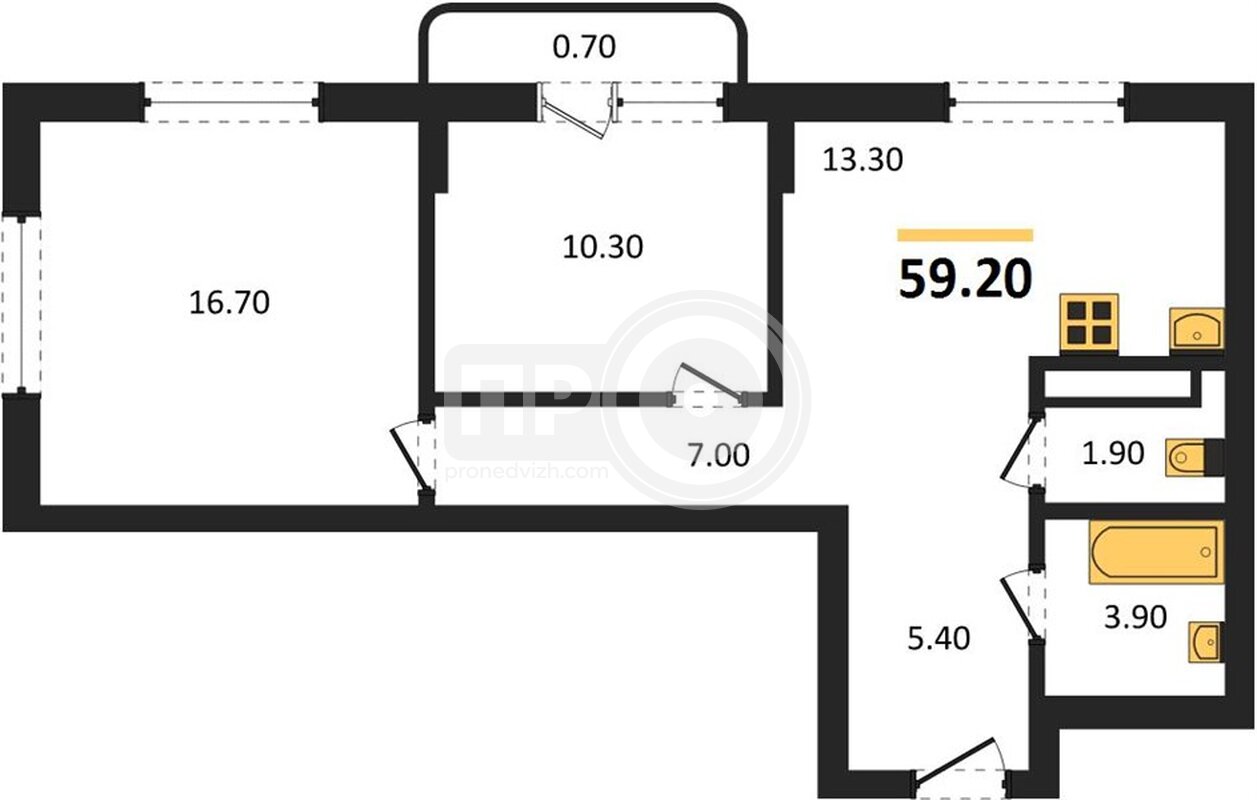 2-комнатная квартира, 59.2кв.м