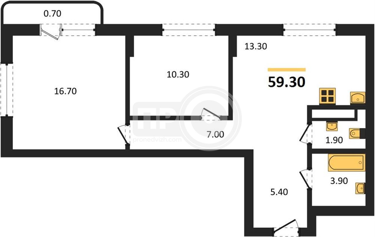 2-комнатная квартира, 59.3кв.м