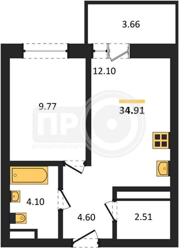 1-комнатная квартира, 34.91кв.м