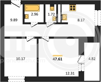 Миниатюра 2-комнатная квартира, 47.61кв.м