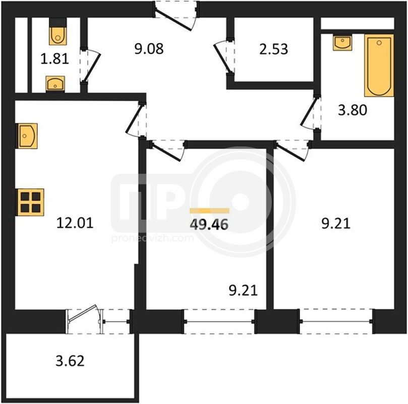2-комнатная квартира, 49.46кв.м