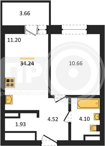 Миниатюра 1-комнатная квартира, 34.24кв.м