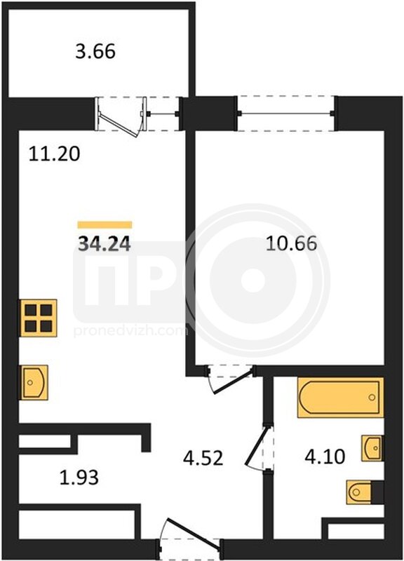 1-комнатная квартира, 34.24кв.м