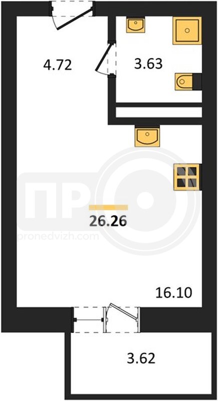 1-комнатная квартира, 26.26кв.м