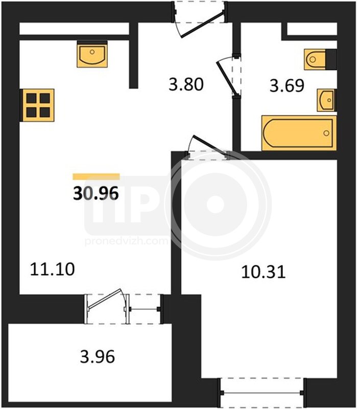 1-комнатная квартира, 30.96кв.м
