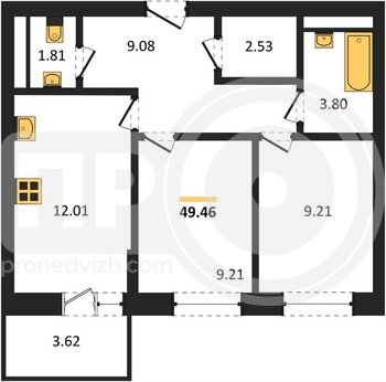 Миниатюра 2-комнатная квартира, 49.46кв.м