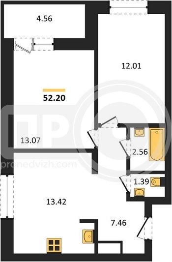 Миниатюра 2-комнатная квартира, 52.2кв.м