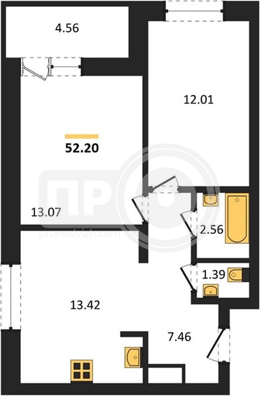 2-комнатная квартира, 52.2кв.м